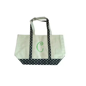 New Canvas Tote Green Embroidered C Black and White Polka Dot Trim